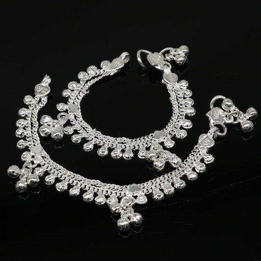Sterling silver vintage-style baby anklet with noisy bells and charm, handmade by Tribal Ornaments, 5-inch length for newborns.