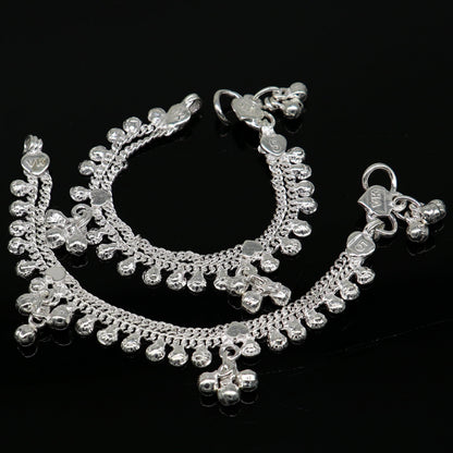 Sterling silver vintage-style baby ankle bracelet with noisy bells charm, handmade by TRIBAL ORNAMENTS, 5-inch length.