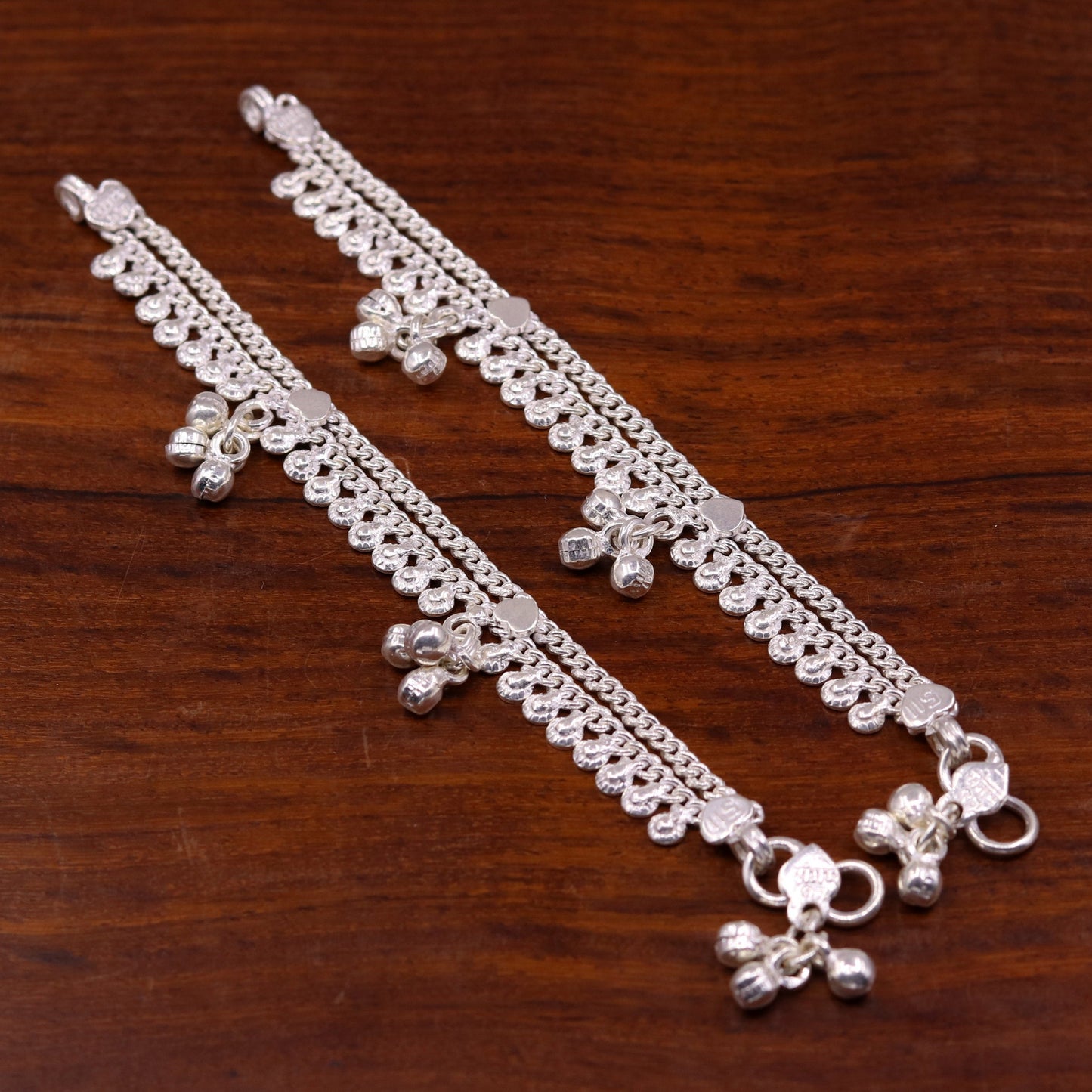 5.0" long Handmade sterling silver baby anklets, excellent unisex baby ankle bracelet, charm anklets with hanging noisy bells unisex ank128 - TRIBAL ORNAMENTS