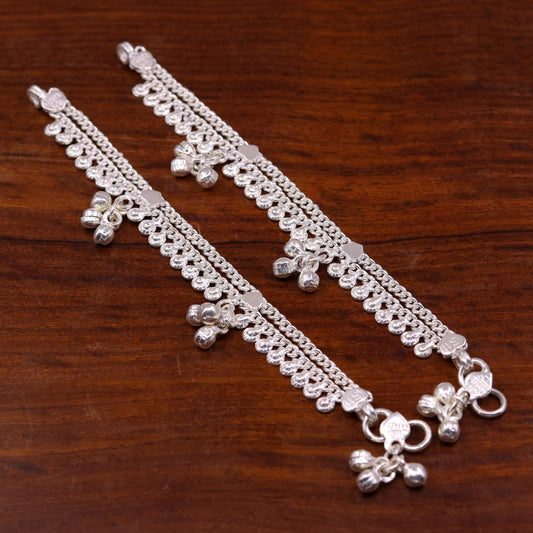 5.0" long Handmade sterling silver baby anklets, excellent unisex baby ankle bracelet, charm anklets with hanging noisy bells unisex ank128 - TRIBAL ORNAMENTS