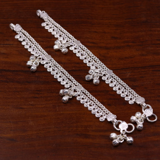 5.0" long Handmade sterling silver baby anklets, excellent unisex baby ankle bracelet, charm anklets with hanging noisy bells unisex ank128 - TRIBAL ORNAMENTS