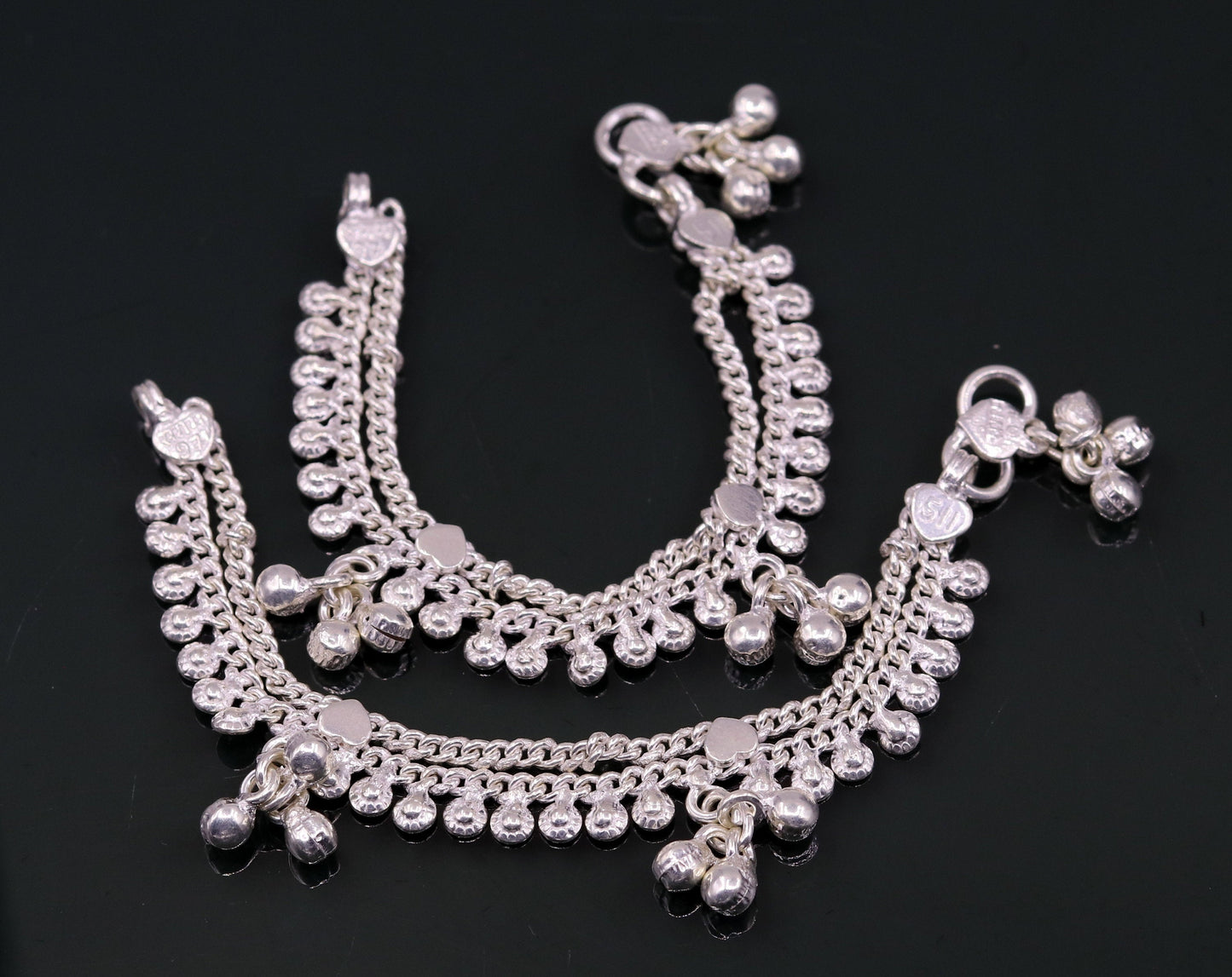 5.0" long Handmade sterling silver baby anklets, excellent unisex baby ankle bracelet, charm anklets with hanging noisy bells unisex ank128 - TRIBAL ORNAMENTS