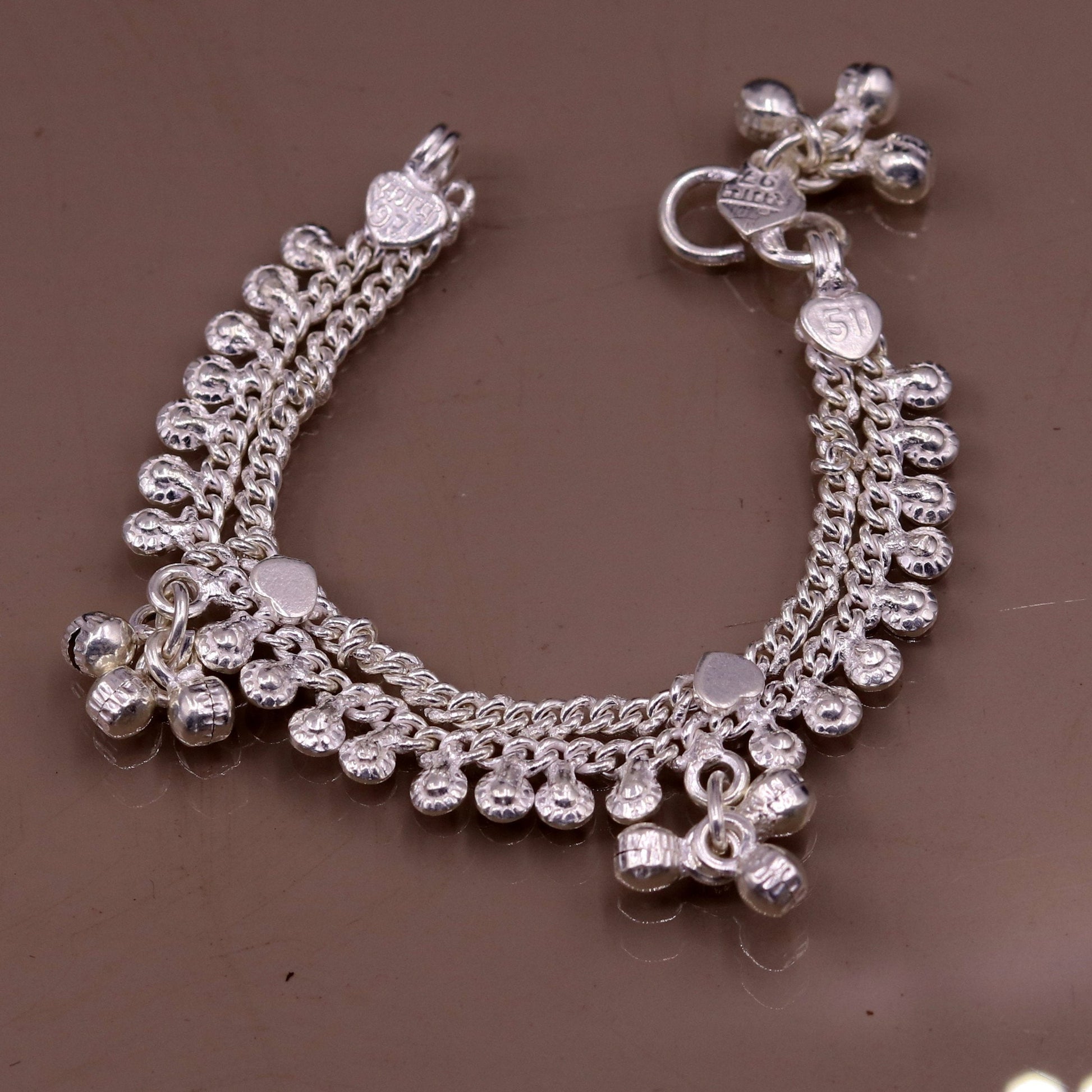 5.0" long Handmade sterling silver baby anklets, excellent unisex baby ankle bracelet, charm anklets with hanging noisy bells unisex ank128 - TRIBAL ORNAMENTS