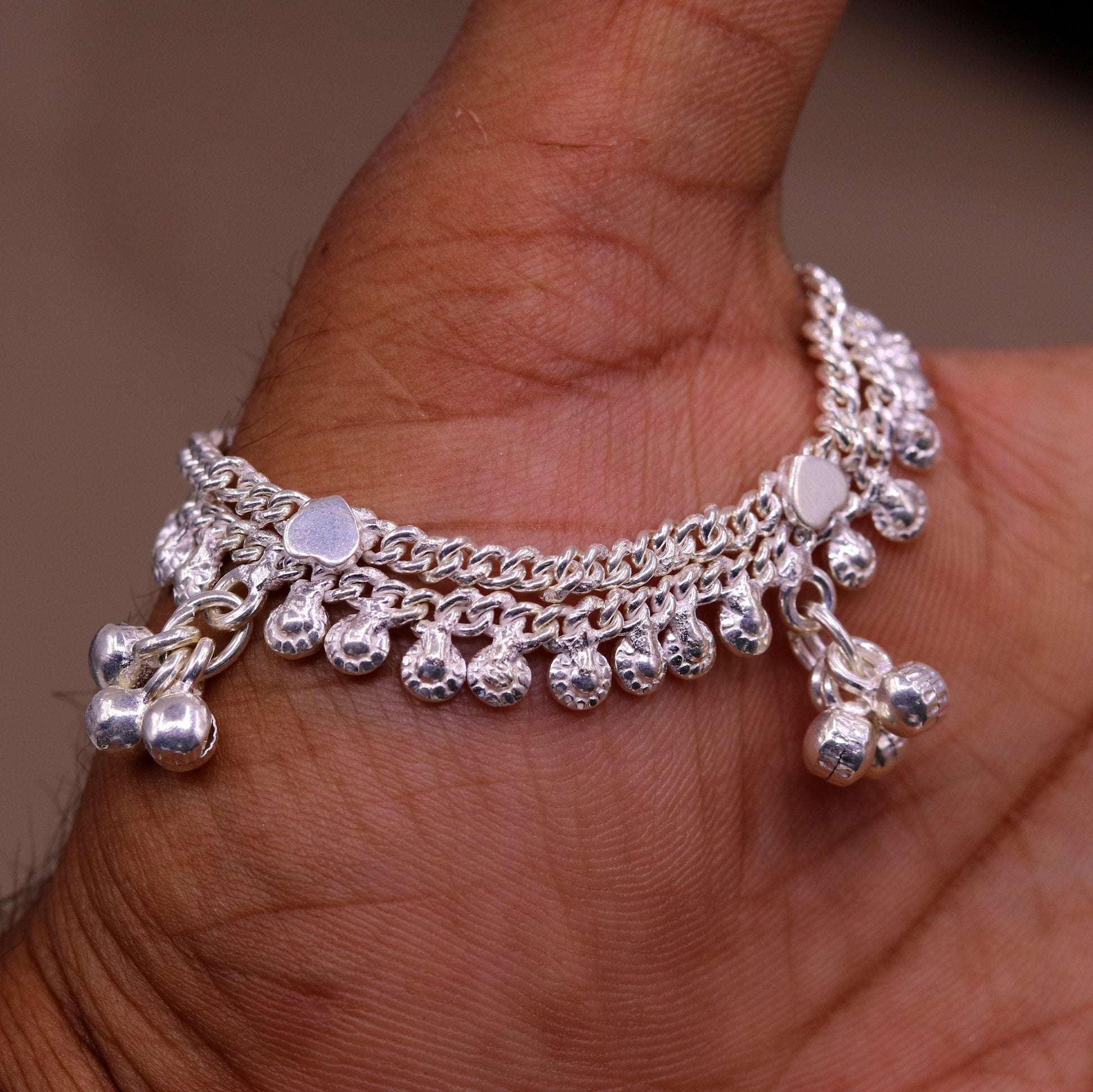 5.0" long Handmade sterling silver baby anklets, excellent unisex baby ankle bracelet, charm anklets with hanging noisy bells unisex ank128 - TRIBAL ORNAMENTS