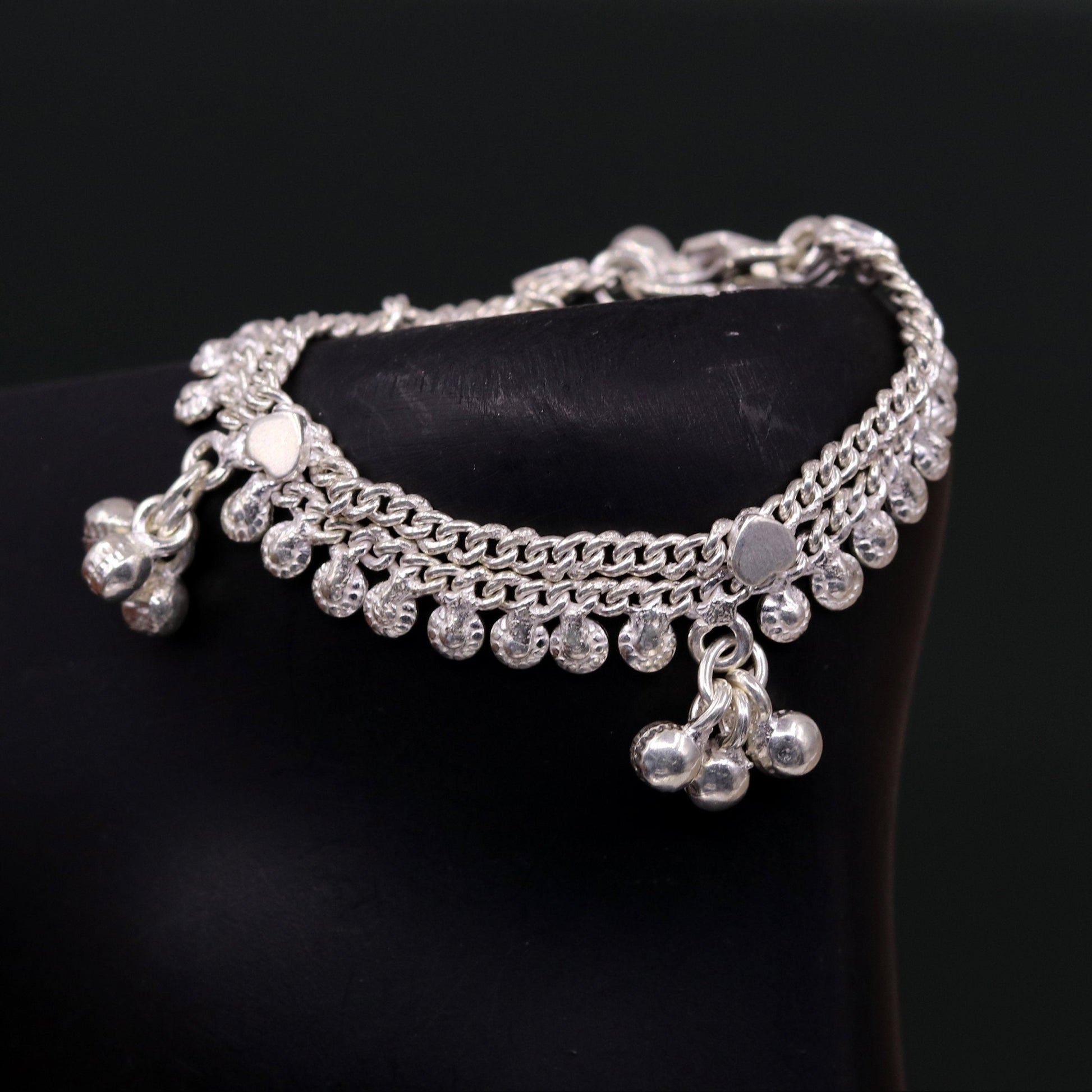 5.0" long Handmade sterling silver baby anklets, excellent unisex baby ankle bracelet, charm anklets with hanging noisy bells unisex ank128 - TRIBAL ORNAMENTS