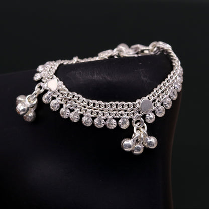 Handmade sterling silver baby anklet with hanging noisy bells, unisex charm ankle bracelet, 5-inch length, by TRIBAL ORNAMENTS.