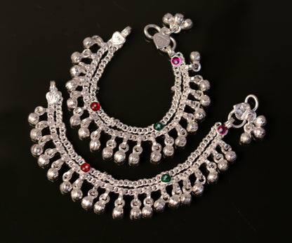5.1" handmade vintage trendy style sterling silver fabulous baby anklets, unisex baby ankle bracelet with awesome nosy jingle bells ank164 - TRIBAL ORNAMENTS