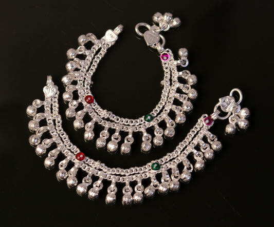 5.1" handmade vintage trendy style sterling silver fabulous baby anklets, unisex baby ankle bracelet with awesome nosy jingle bells ank164 - TRIBAL ORNAMENTS