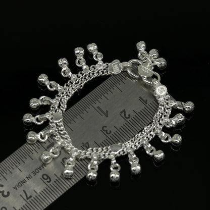 Handmade 5.2-inch solid sterling silver newborn baby ankle bracelet with customizable charm, unisex baby jewelry from Tribal Ornaments.