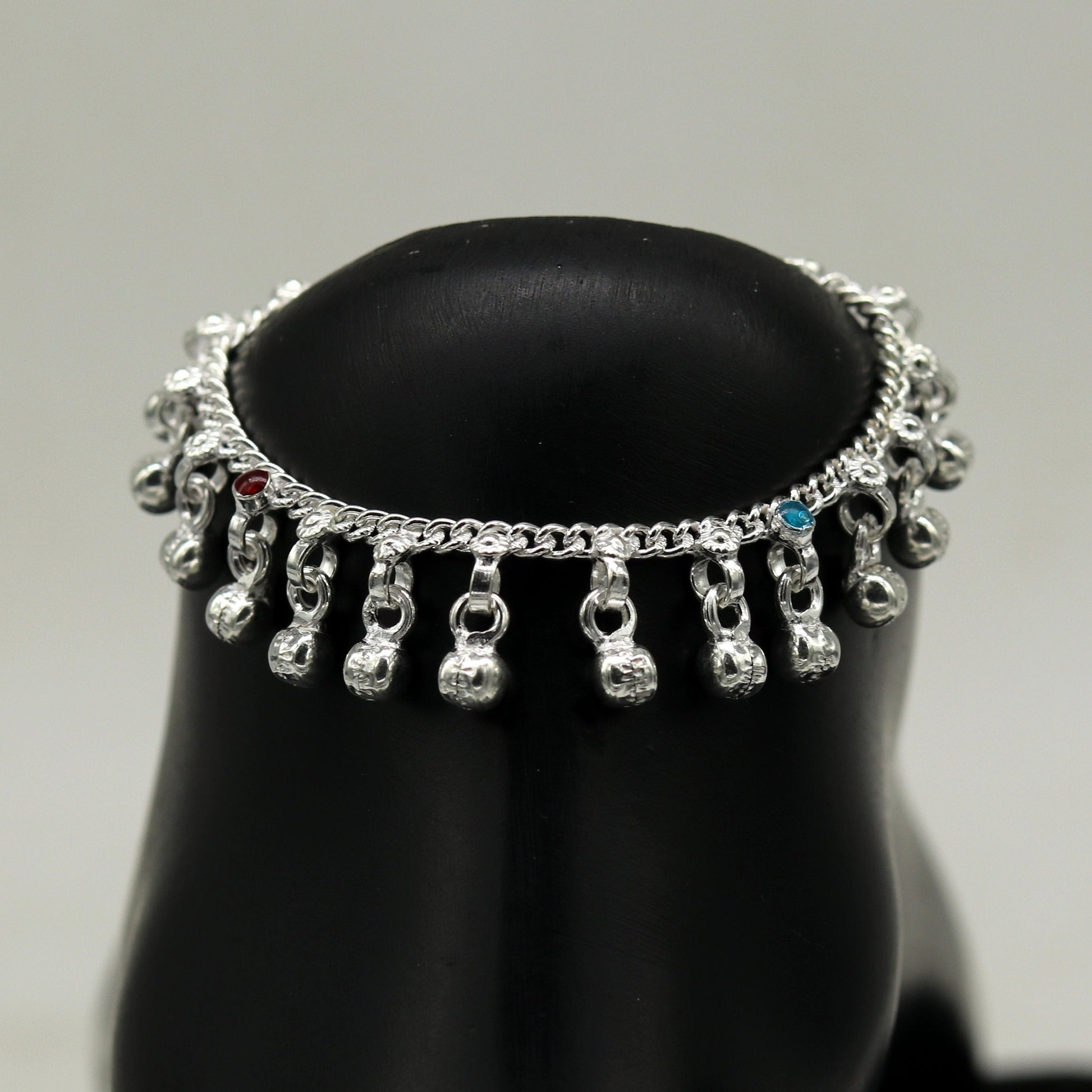 5.2" Inches long sterling silver handmade gorgeous charm baby anklets, excellent hanging noisy bells kids customized kids jewelry ank240 - TRIBAL ORNAMENTS