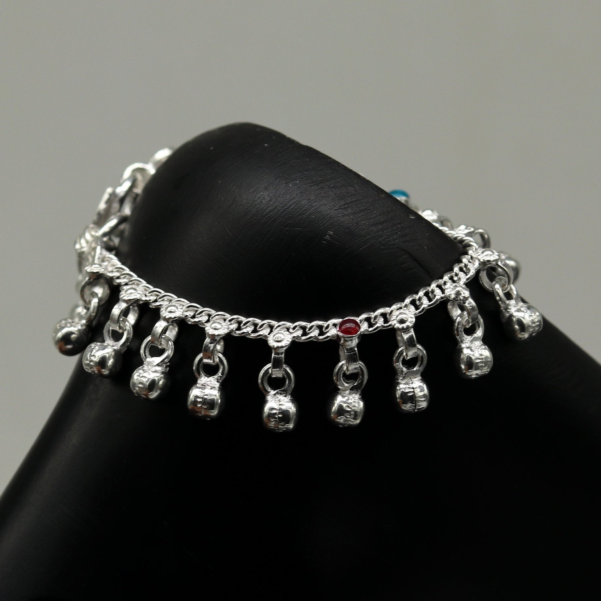 5.2" Inches long sterling silver handmade gorgeous charm baby anklets, excellent hanging noisy bells kids customized kids jewelry ank240 - TRIBAL ORNAMENTS