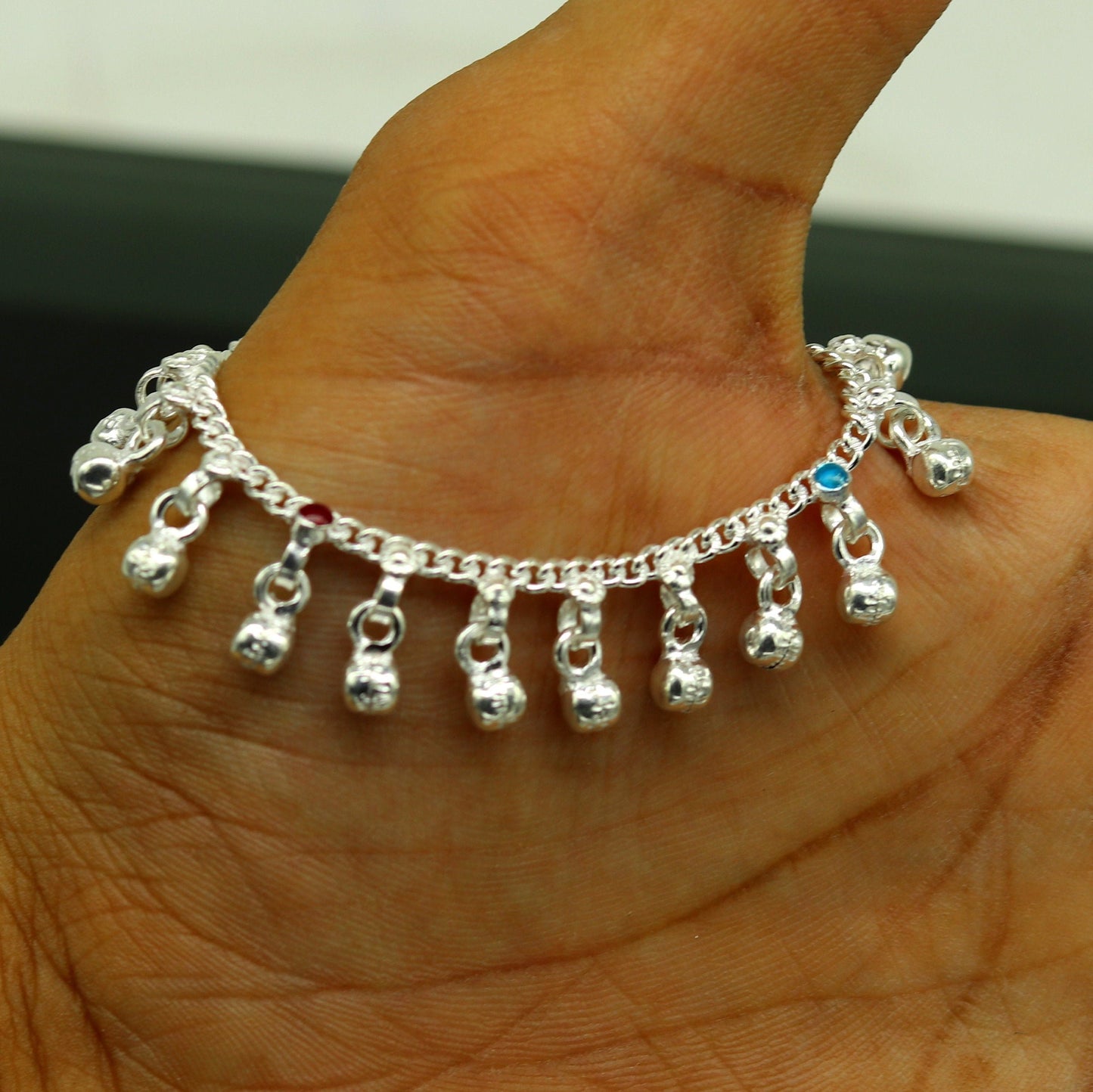 5.2" Inches long sterling silver handmade gorgeous charm baby anklets, excellent hanging noisy bells kids customized kids jewelry ank240 - TRIBAL ORNAMENTS