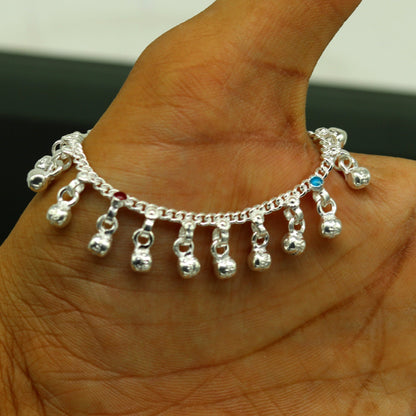 5.2" Inches long sterling silver handmade gorgeous charm baby anklets, excellent hanging noisy bells kids customized kids jewelry ank240 - TRIBAL ORNAMENTS