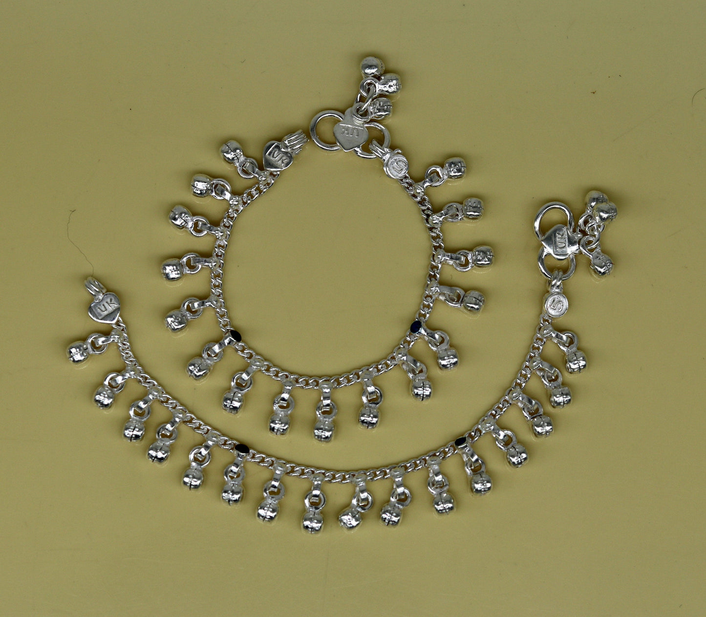 5.2" Inches long sterling silver handmade gorgeous charm baby anklets, excellent hanging noisy bells kids customized kids jewelry ank240 - TRIBAL ORNAMENTS