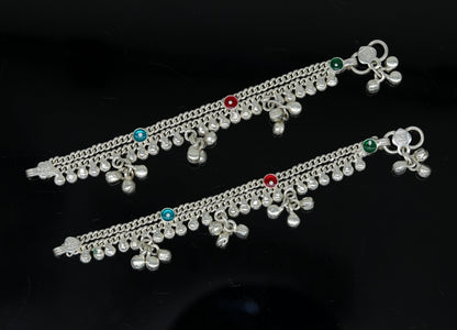 Sterling silver handmade newborn baby ankle bracelet with hanging noisy bells, customized jewelry by TRIBAL ORNAMENTS.