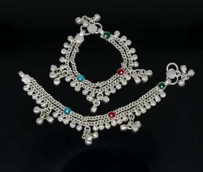 Sterling silver handmade newborn baby ankle bracelet with hanging noisy bells, customized jewelry by TRIBAL ORNAMENTS.