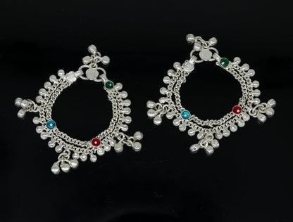 Sterling silver handmade baby ankle bracelet with hanging noisy bells, customized design, perfect for newborn gifting by TRIBAL ORNAMENTS.