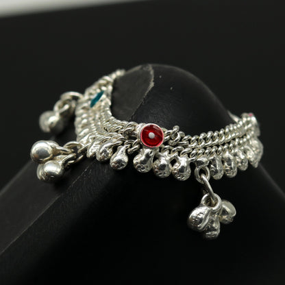 Sterling silver handmade newborn baby ankle bracelet with hanging noisy bells, customized jewelry by TRIBAL ORNAMENTS.