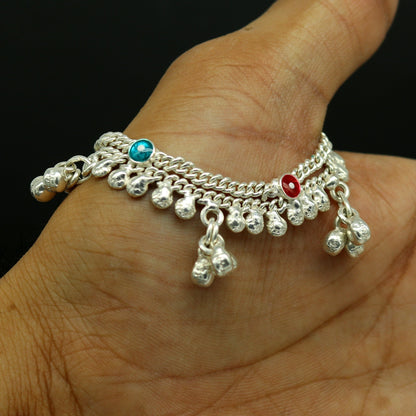 Sterling silver handmade baby ankle bracelet with hanging noisy bells, customized design, perfect for newborn gifting by Tribal Ornaments.