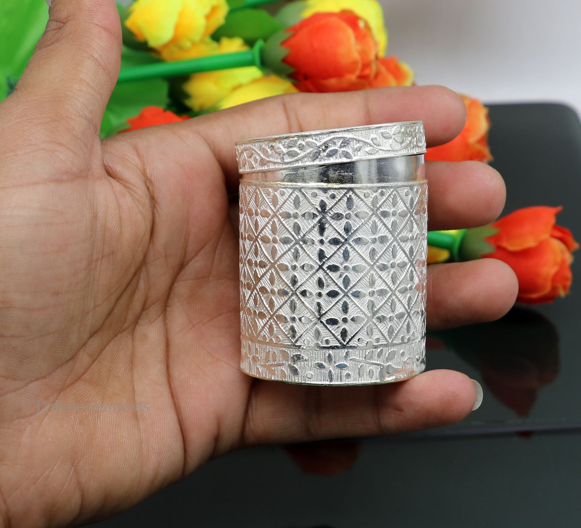 5.5 cm 925 solid silver utensils vintage style trinket box, container/casket box bridal floral work box, jewelry box silver utensils stb203 - TRIBAL ORNAMENTS