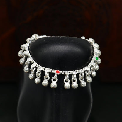 Handmade 5.5-inch sterling silver baby anklet with jingling bells, tribal design, perfect for kids' jewelry and gifting.