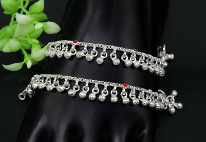 Handmade 5.5-inch sterling silver baby anklet with waved design and jingling bells, perfect for kids or as a gift.