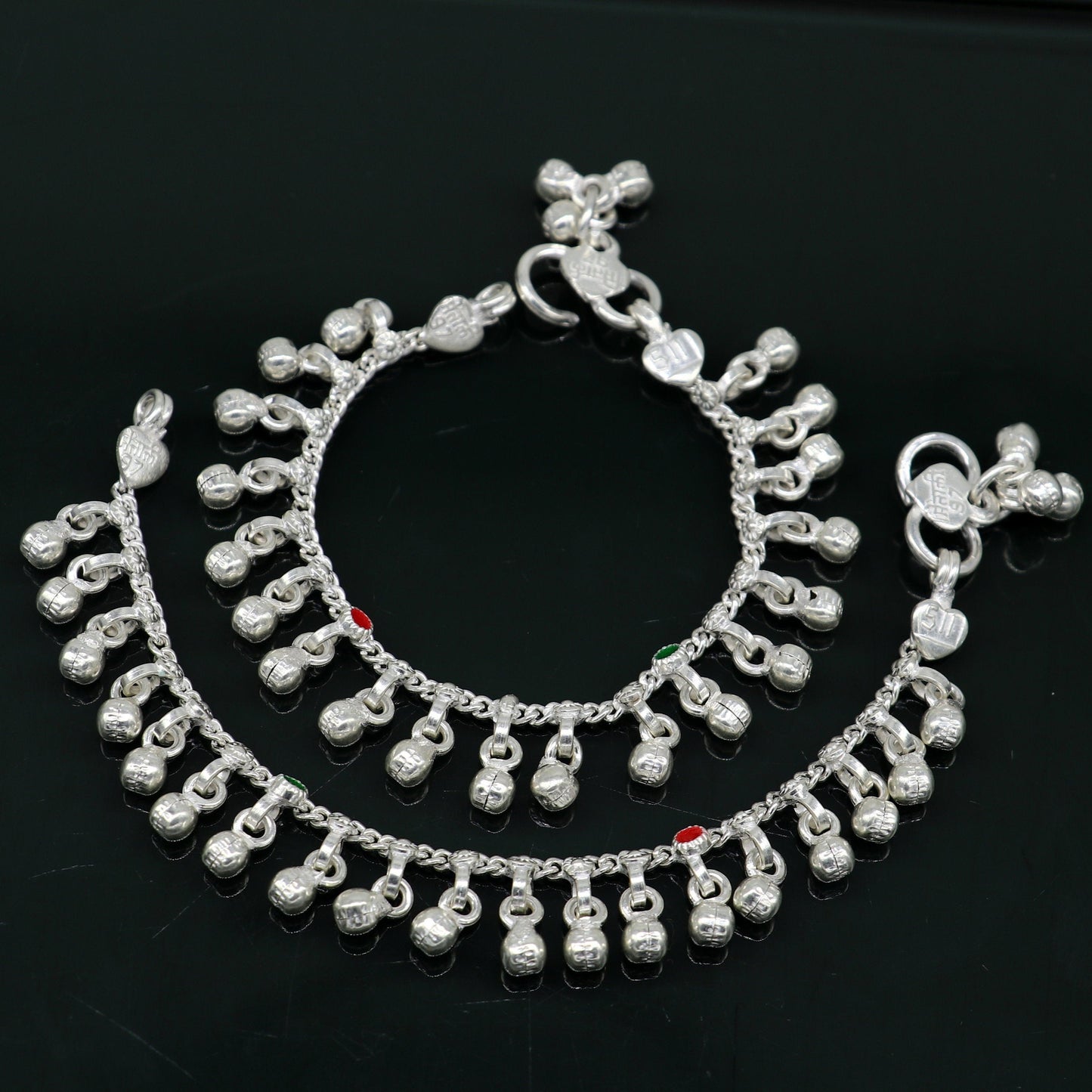 5.5" handmade solid sterling silver waved jingling bells noisy anklets, excellent gifting baby foot bracelet charm kids jewelry ank358 - TRIBAL ORNAMENTS