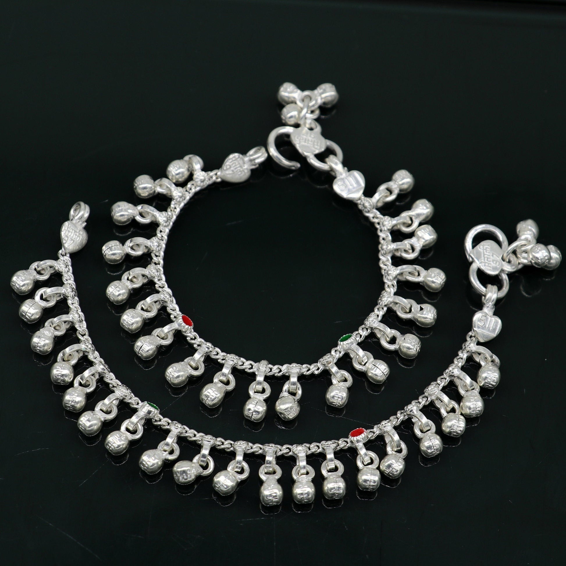 5.5" handmade solid sterling silver waved jingling bells noisy anklets, excellent gifting baby foot bracelet charm kids jewelry ank358 - TRIBAL ORNAMENTS