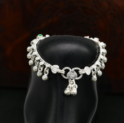 Handmade 5.5-inch sterling silver baby anklet with jingling bells, tribal design, perfect for kids' jewelry and gifting.