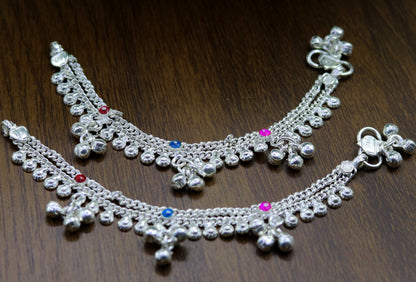 Handmade 5.5-inch sterling silver baby ankle bracelet with charms, from Tribal Ornaments, perfect for kids' foot jewelry.
