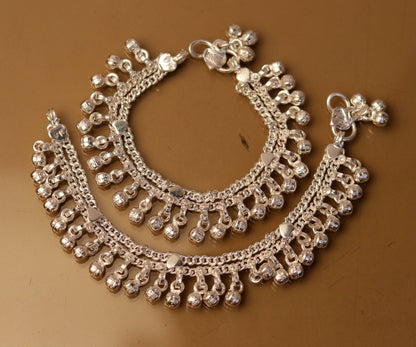 Sterling silver vintage jingle bell anklet with handmade antique style design, suitable for newborn baby foot jewelry.