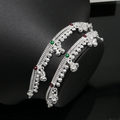 Sterling silver 5.5-inch handmade baby anklet with noisy sound bells, charm design, tribal jewelry style for kids.