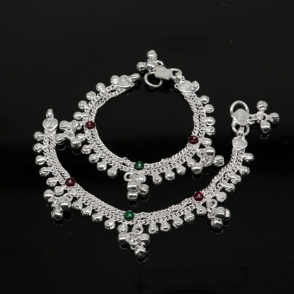Sterling silver handmade baby anklet with noisy sound bells and charms, 5.5 inches, tribal-style jewelry for kids.