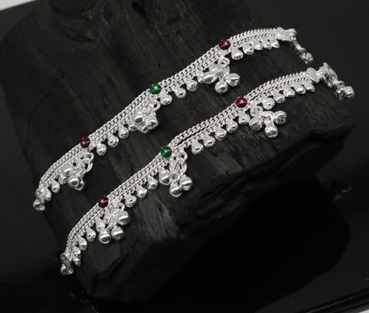 Sterling silver baby anklet with bells and charms, handmade Indian jewelry for kids, 5.5 inches tribal ankle bracelet.