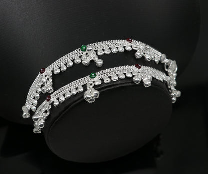 Sterling silver 5.5-inch baby anklet with bells and charms, handmade tribal jewelry for kids with noisy sound bells.