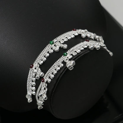Sterling silver 5.5-inch handmade baby anklet with noisy bells and charm, traditional Indian kids ankle jewelry.
