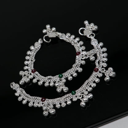 Handmade 5.5-inch sterling silver baby anklet with unisex charm and noisy design, crafted by TRIBAL ORNAMENTS.