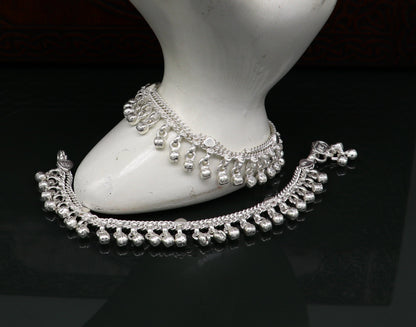 Sterling silver handmade ankle bracelet with bells and charm, 5.5 inches, tribal ornaments design for baby or foot jewelry.