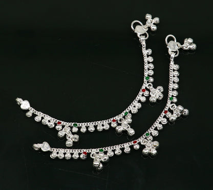 Handmade 5.5-inch sterling silver vintage-style baby ankle bracelet with noisy bell charms, detailed jewelry for newborns.