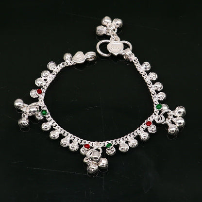 Sterling silver vintage-style baby ankle bracelet with tiny noisy bells and charm, handmade by TRIBAL ORNAMENTS.