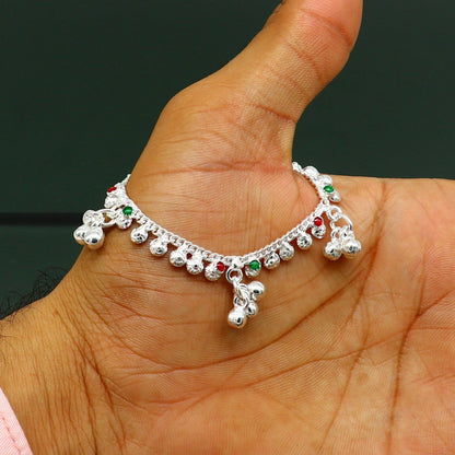 Sterling silver vintage-style baby ankle bracelet with noisy sound bells and charm, handmade tribal jewelry for newborns.
