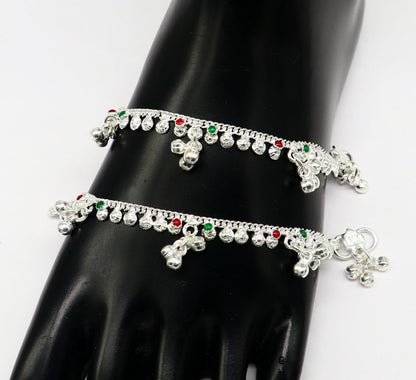 Sterling silver vintage-style baby ankle bracelet with small bells and charm, handcrafted by Tribal Ornaments.