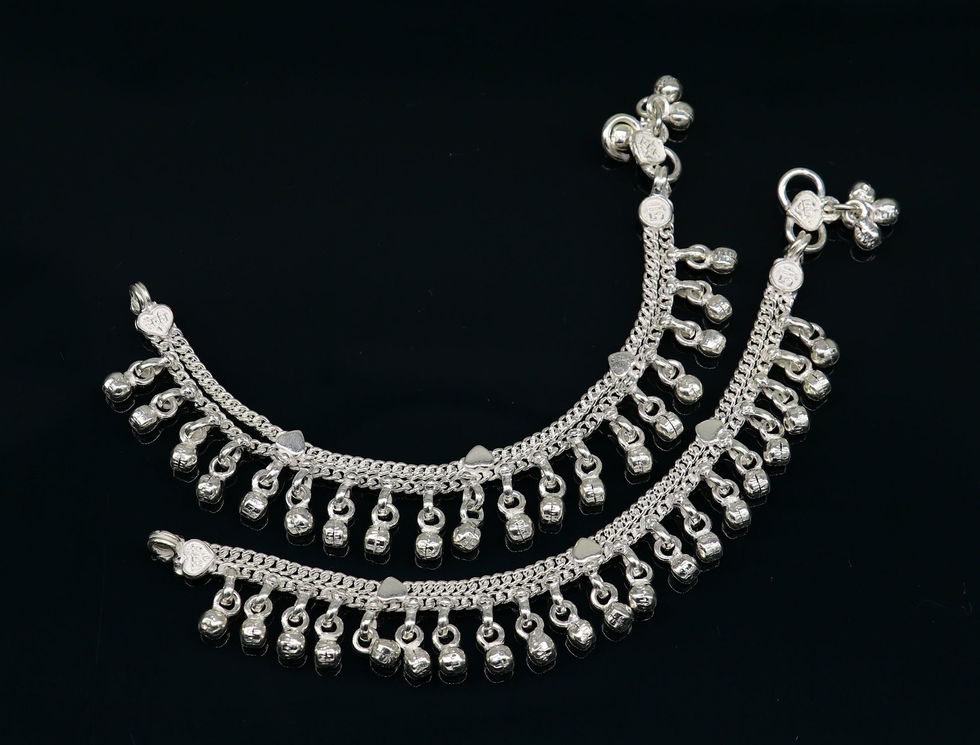 5.5" long Sterling silver customized baby anklets, stunning hanging waved jingling bells, charming noisy ankle bracelet kids jewelry ank411 - TRIBAL ORNAMENTS