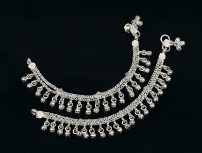 Sterling silver baby anklet with waved jingling bells and customizable design, charming kids jewelry ankle bracelet.