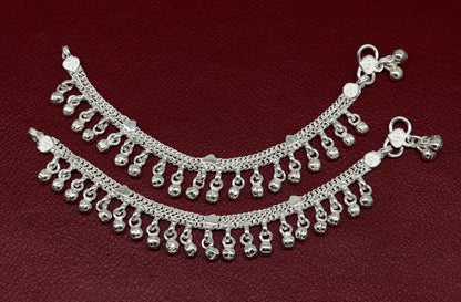 Sterling silver baby anklet with waved jingling bells and customizable design, charming kids jewelry ankle bracelet.