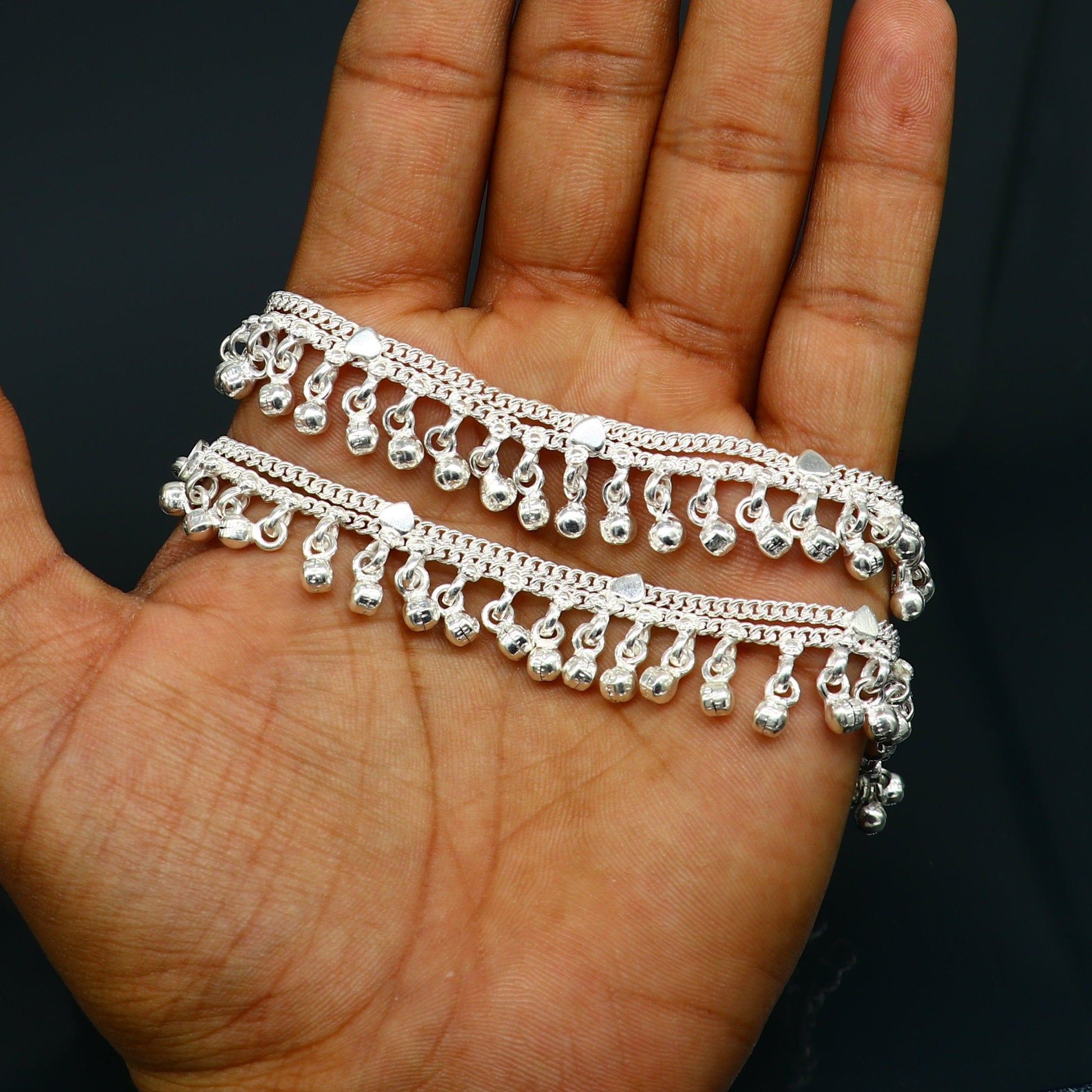 5.5" long Sterling silver customized baby anklets, stunning hanging waved jingling bells, charming noisy ankle bracelet kids jewelry ank411 - TRIBAL ORNAMENTS