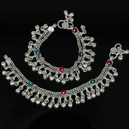 Sterling silver handmade newborn baby ankle bracelet with hanging noisy bells, customized jewelry by TRIBAL ORNAMENTS.