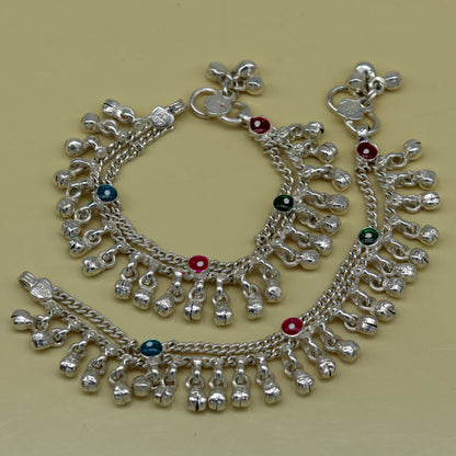 Sterling silver handmade newborn baby ankle bracelet with hanging noisy bells, customized jewelry by TRIBAL ORNAMENTS.