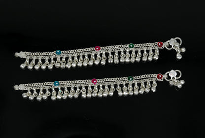 Sterling silver handmade newborn baby ankle bracelet with hanging noisy bells, customized jewelry by TRIBAL ORNAMENTS.