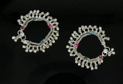 Sterling silver handmade newborn baby ankle bracelet with hanging noisy bells, customized jewelry by Tribal Ornaments.